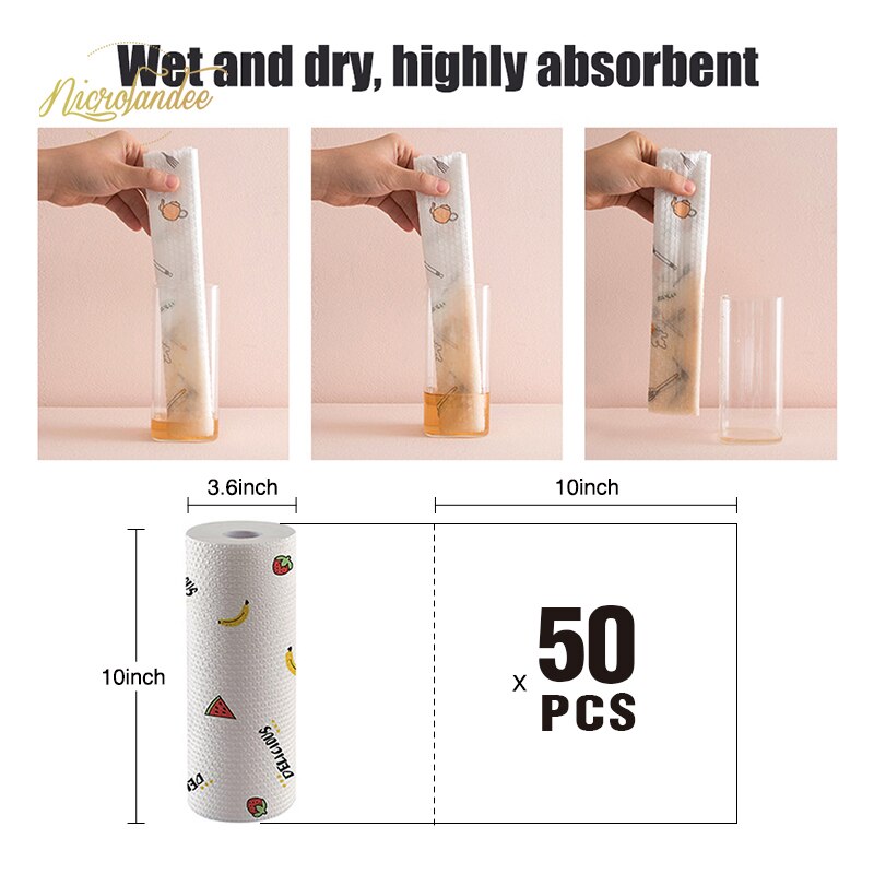 Nicrolandee 1 rulle non-woven stof dovne klude våde og tørre vaskbare engangsopvaskepapir til køkkenarbejde