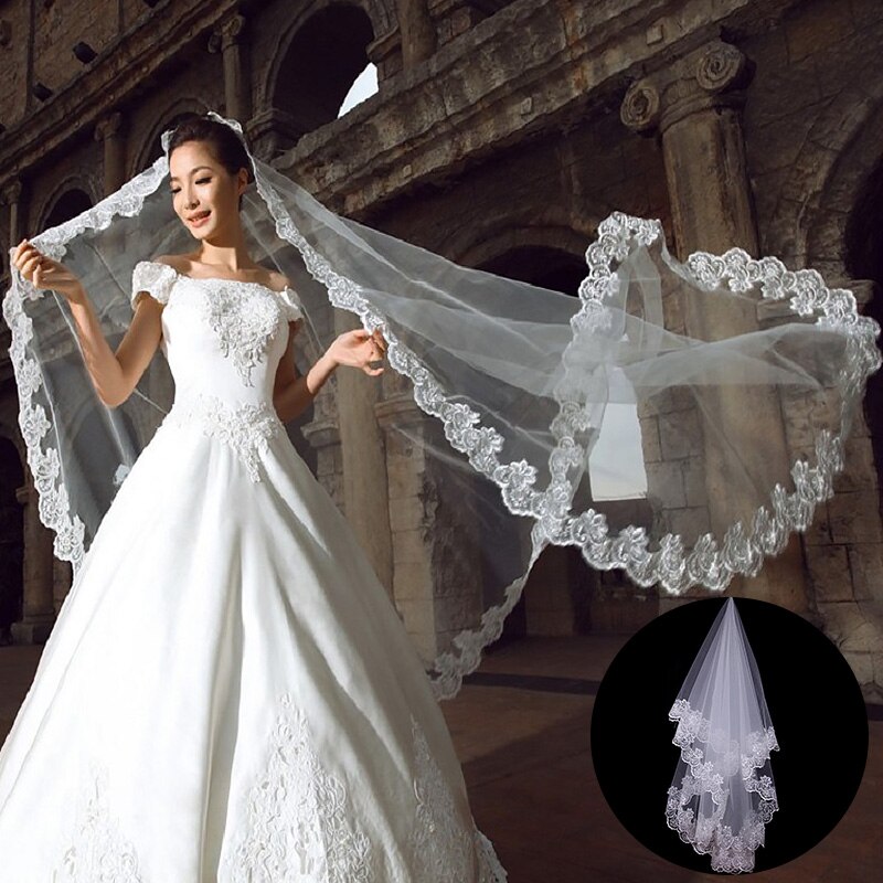1.5 Meter White Cathedral Wedding Veils Short One Layer Classic Bridal Veil Appliques Lace Edge No Comb Wedding Accessories