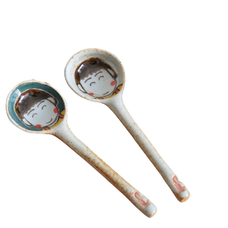 Handmade Ceramic Spoon Hand Painted Japanese Cartoon Cat Household Product Long Handle Spoon Kitchen Tableware 1 Piece