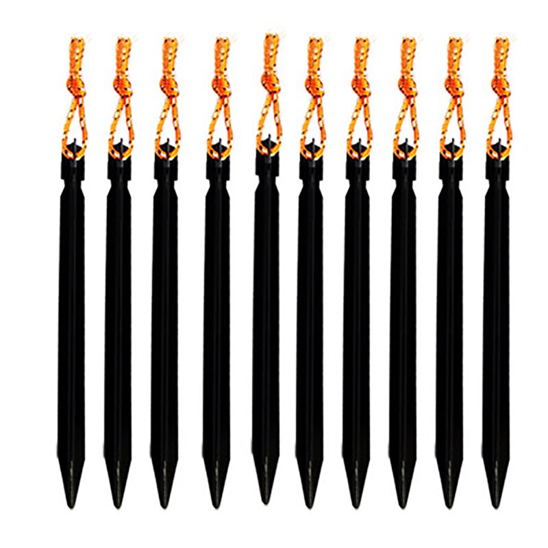 10 PCS Tenda Stakes con Corda Corda Corda Della Tenda Accessori Attrezzature Da Campeggio Corsa Esterna 18 centimetri Picchetti Chiodo: Black