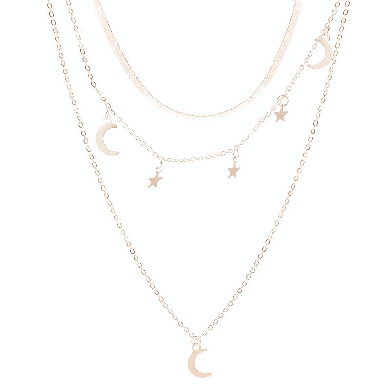 Goud Zilver Kleur Triple Gelaagde Keten Ketting Vrouwen Sieraden Star Moon Tassel Snake Chain Choker Ketting Maan Hanger Sieraden: gold