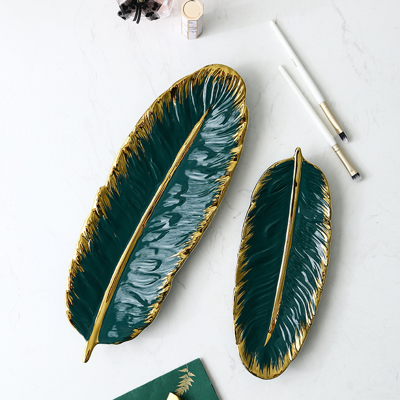 Criativo folha verde forma placa de cerâmica prato jewerlry ouro conjunto jantar porcelana carregador sobremesa louça sushi talheres