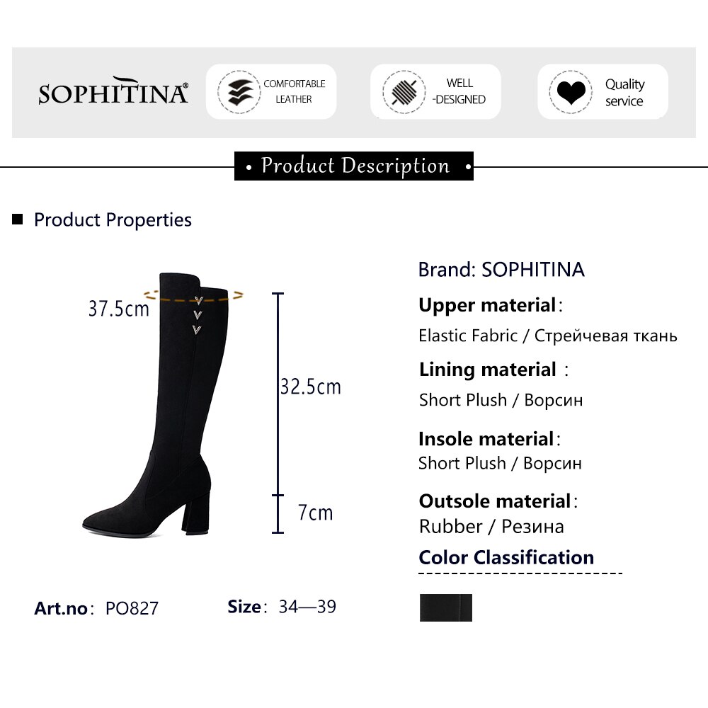 SOPHITINA Style Mature genou-bottes femme Strentch tissu bout pointu daim haut sabot talon fermeture éclair mince bottes longues chaussure PO827