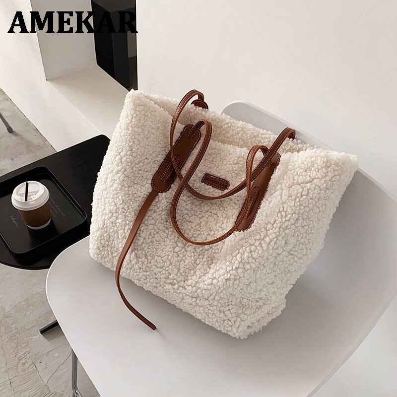 Sacs à main en fausse fourrure pour femmes, grand sac à bandoulière de luxe, fourre-tout pour dames, hiver