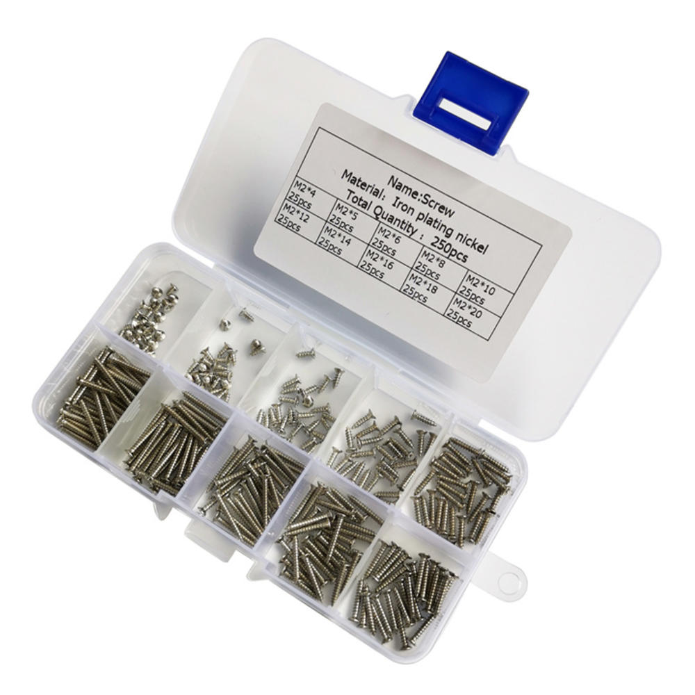 250Pcs M2 Stainless Steel Self Tapping Wood Screw Assortment Kit Lock Nut Wood Flat Head Thread Nail Screws Fastener Sets
