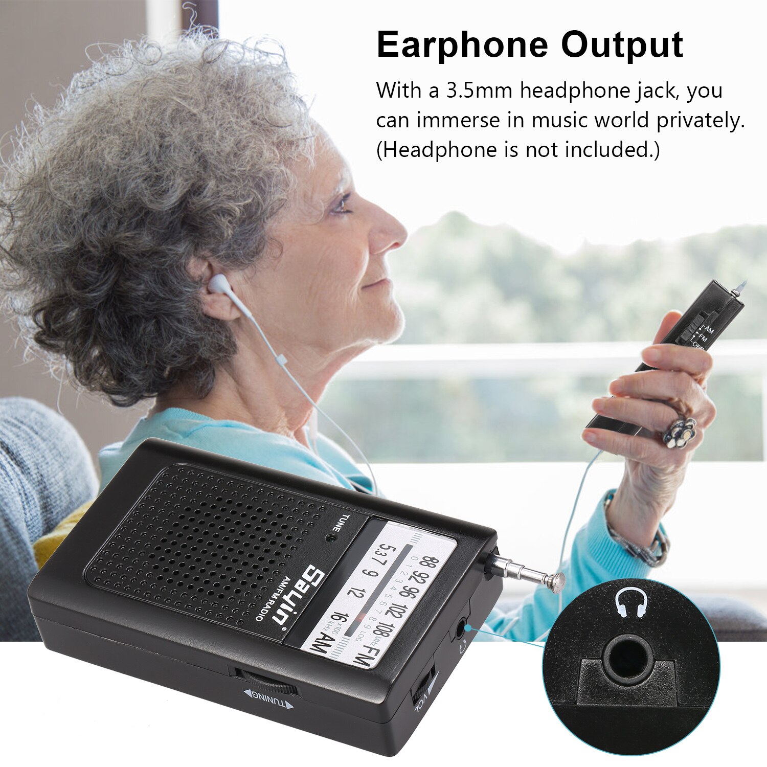 Mini AM FM Radio 2 Band Radio Receiver Portable Pocket Transistor Radio Built-in Speaker w/ Headphone Jack Telescopic Antenna