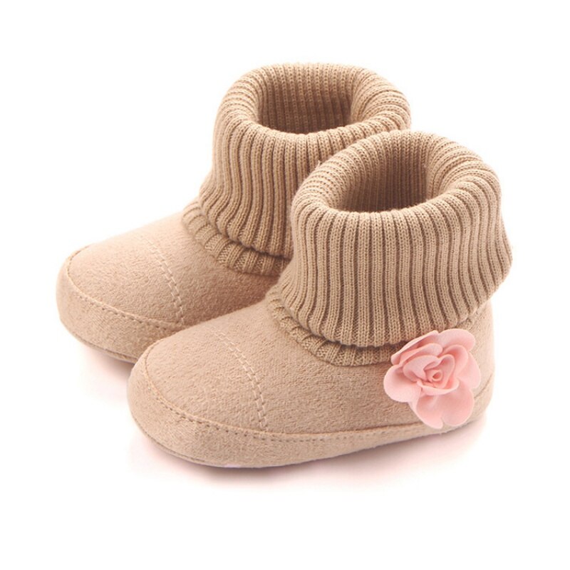 Efterår vinter nyfødt baby pige sko krybbe barnevogn strikkede snestøvler børn holder varmen blomsterstøvle 0-12m m1 m1: Khaki / 1