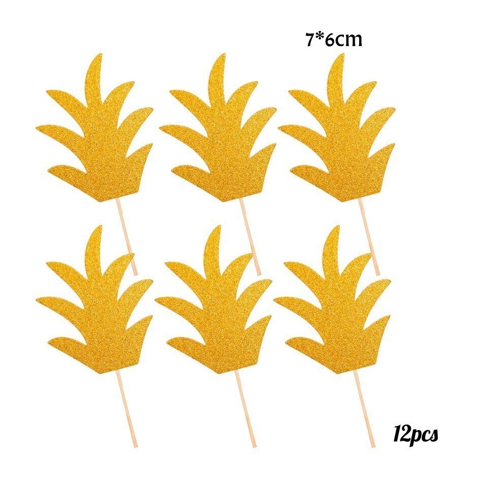 Toppers de Cupcake en forme de palmier, 1 ensemble, flamand rose, ananas, Aloha, décorations pour fête de piscine d'été, mariage, anniversaire, réception pour bébé: 12pcs Gold grass