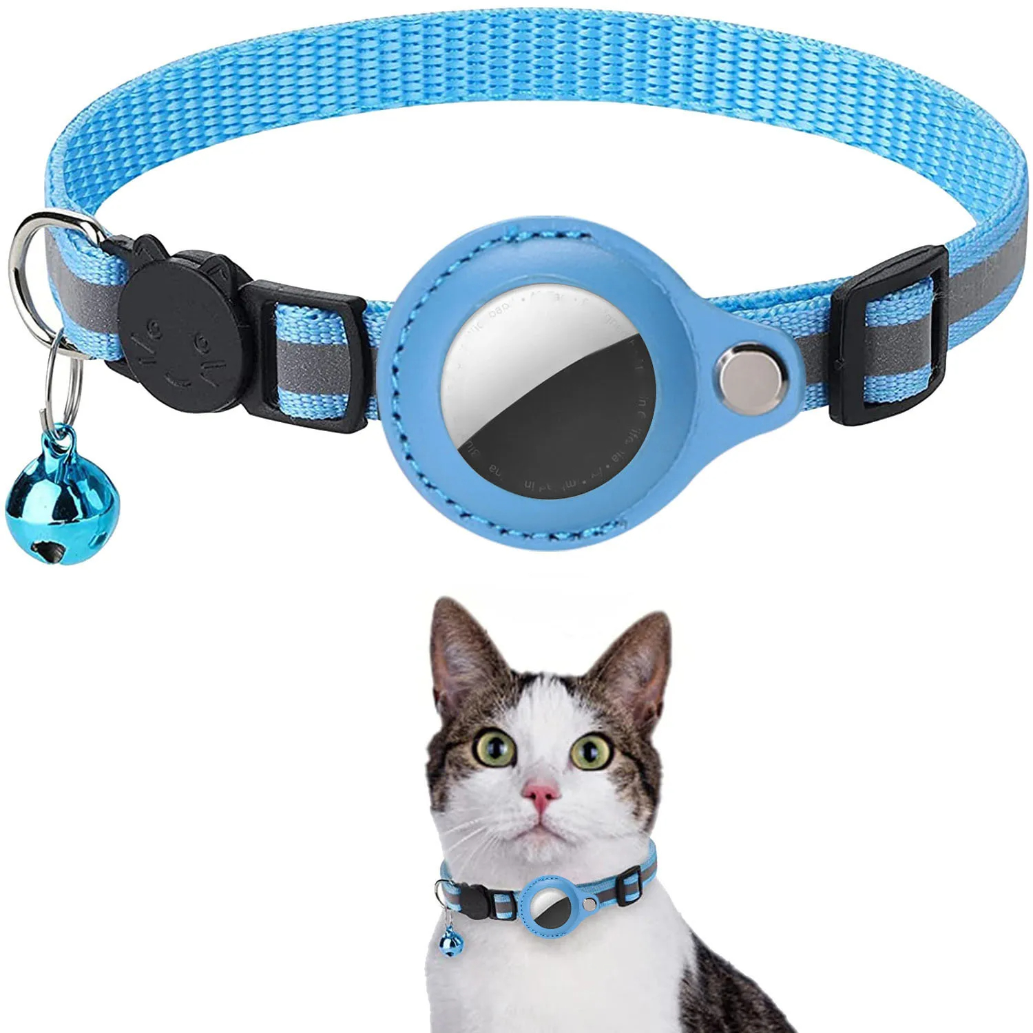 Gato airtag titular colar breakaway tiras reflexivas ajustável gatinho colar à prova dwaterproof água gato sino colar pet air tag caso: Azul