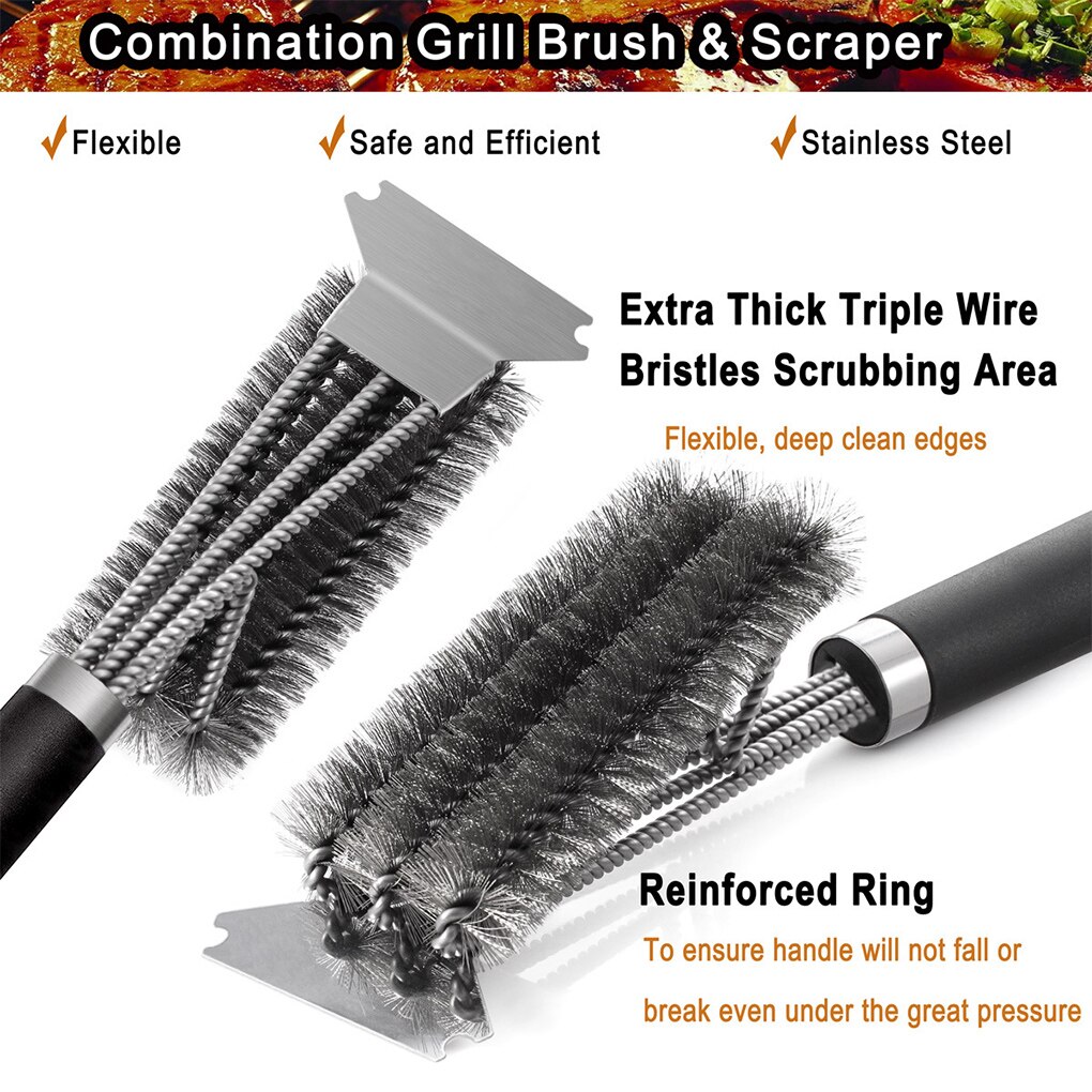 Grattoir à brosse de nettoyage de plaque de Barbecue à 3 têtes, grattoir en acier inoxydable, four à Grille, plateau à brosse métallique, d&#39;accessoires de Barbecue