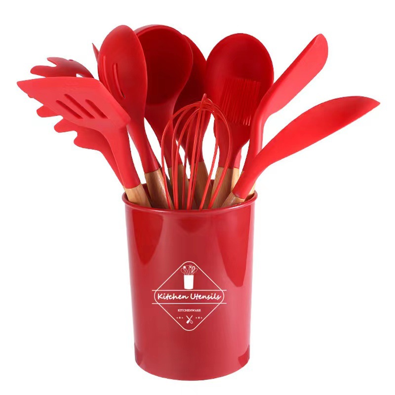 12Pcs Silicone Kitchen Utensils Cooking Wooden Handle Non Stick Pot Kitchenware Set Storage Bucket Silicone Kitchen Utensils: Red