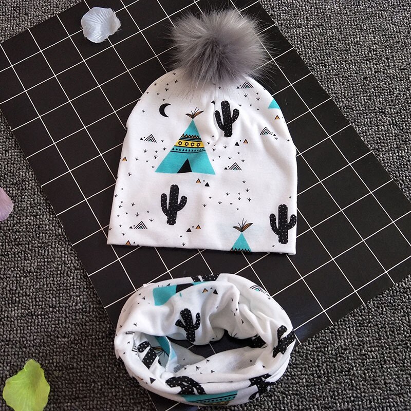 Baby Muts Sjaal Set Print Katoen Kinderen Cap Kraag Kids Jongens Meisjes Mutsen Baby Peuter Hoeden Sjaals Winter Hoeden Voor 1-3T