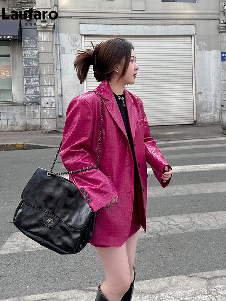 Lautaro-krokodillenprint lak PU lederen blazer dames, casual glanzende krokodillenprint, enkele rij knopen, luxe designerkleding