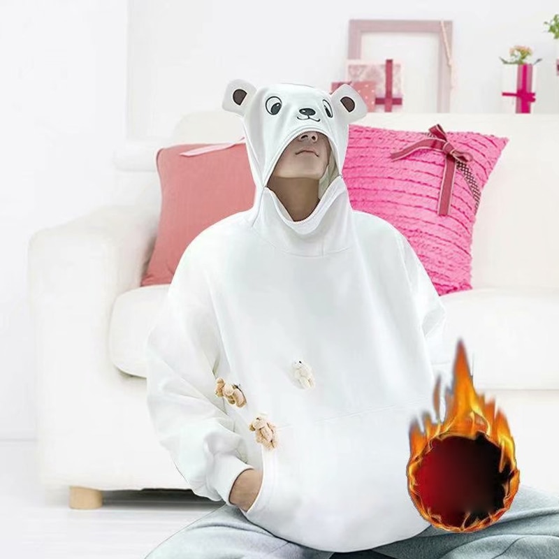 Unisex Frog Casual Panda Hooded Sweatshirt Couple with Plush Toy Accessories Durable for Winter Autumn Bear Hoodie AIA99