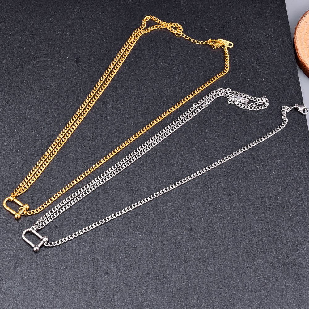 HUANZHI Gold Color Double layer Asymmetric Metal Necklace U Shape Pendant Choker Chian for Women Girls Jewelry