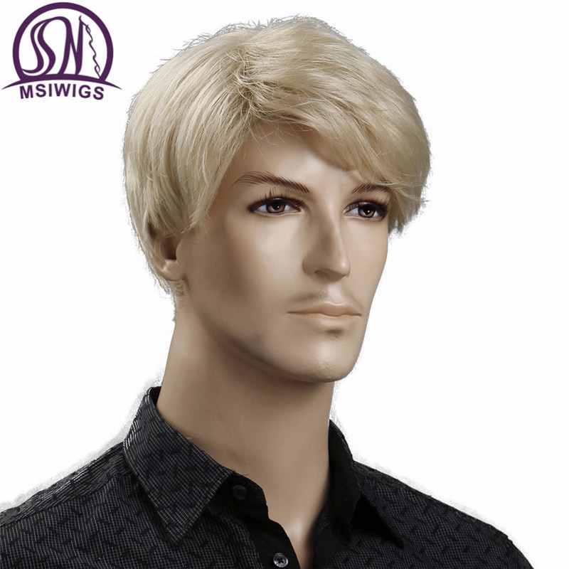Msiwigs Korte Blonde Man Synthetische Pruiken Amerikaanse Europese 6 Inch Rechte Mannen Pruik Met Gratis Haar Cap Hittebestendige