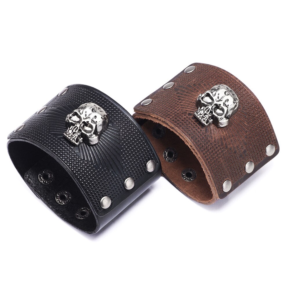 Kirykle Mode Reliëf Lederen Polsband Vriendschap Armband, Geschikt Voor Mannen Gesp Schedel Retro Punk Sieraden