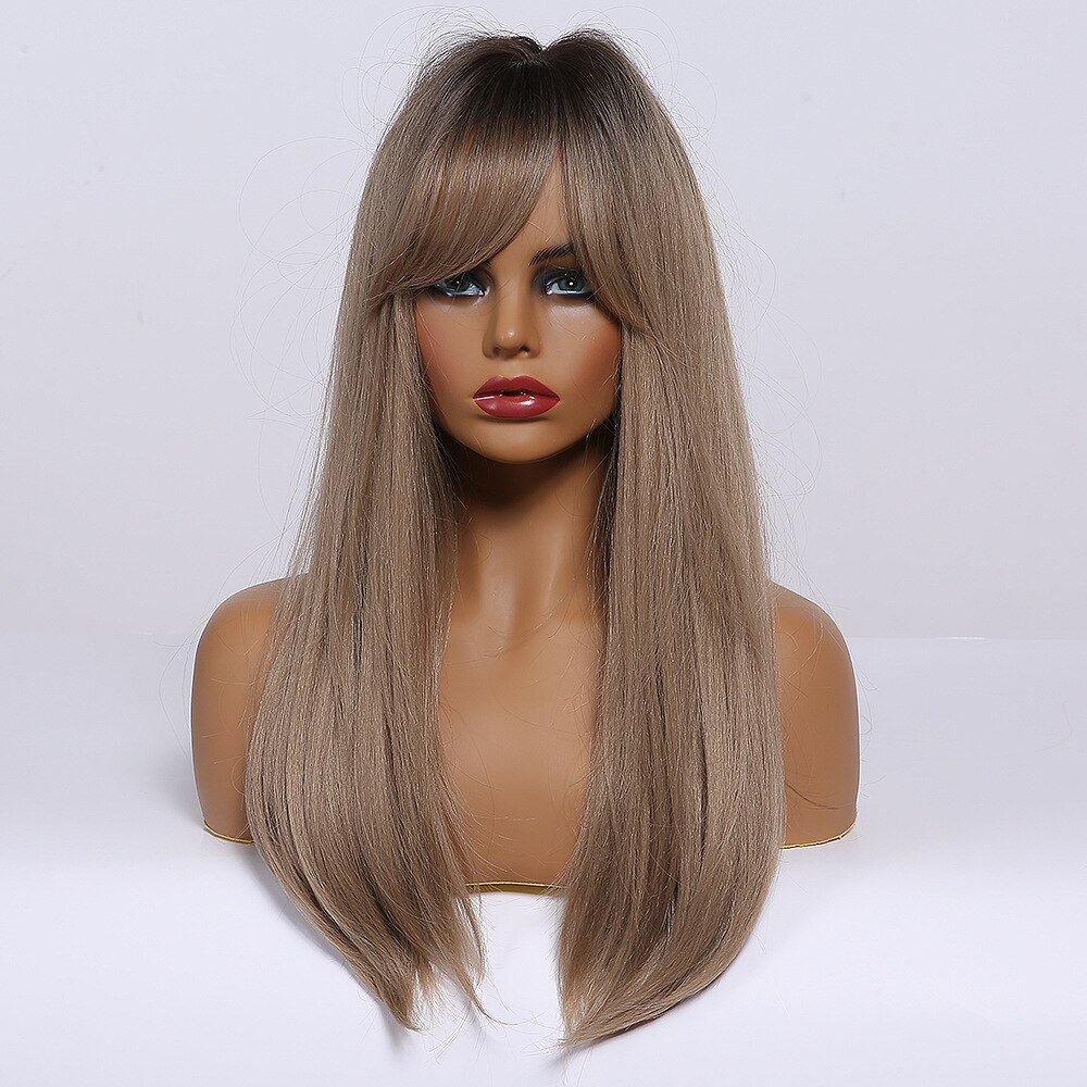 EASIHAIR Long Brown Ombre Straight Wigs with Bangs Synthetic Wigs for Women Daily Natural Hair Wigs Heat Resistant Cute Cosplay