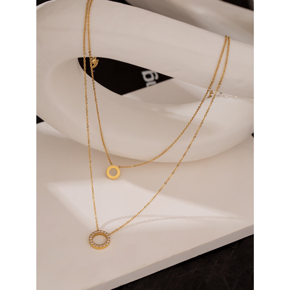 Yhpup Stainless Steel брелок Exquisite Round Hollow Layered Chain Necklace Delicate Shiny Cubic Zirconia Choker Necklace