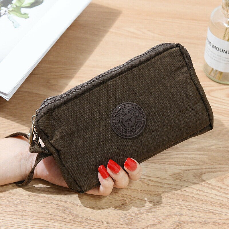 Bolso de teléfono sólido sencillo para mujer, cartera corta de tres capas con cremallera, monedero grande, novedad: Café