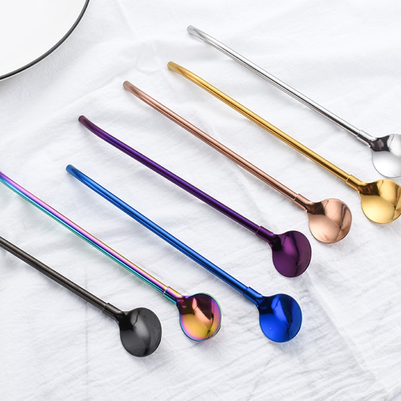 Pajitas reutilizables para beber, cuchara de acero inoxidable, pajilla de bebida larga, portátil, Color arcoíris, cuchara agitadora de cóctel