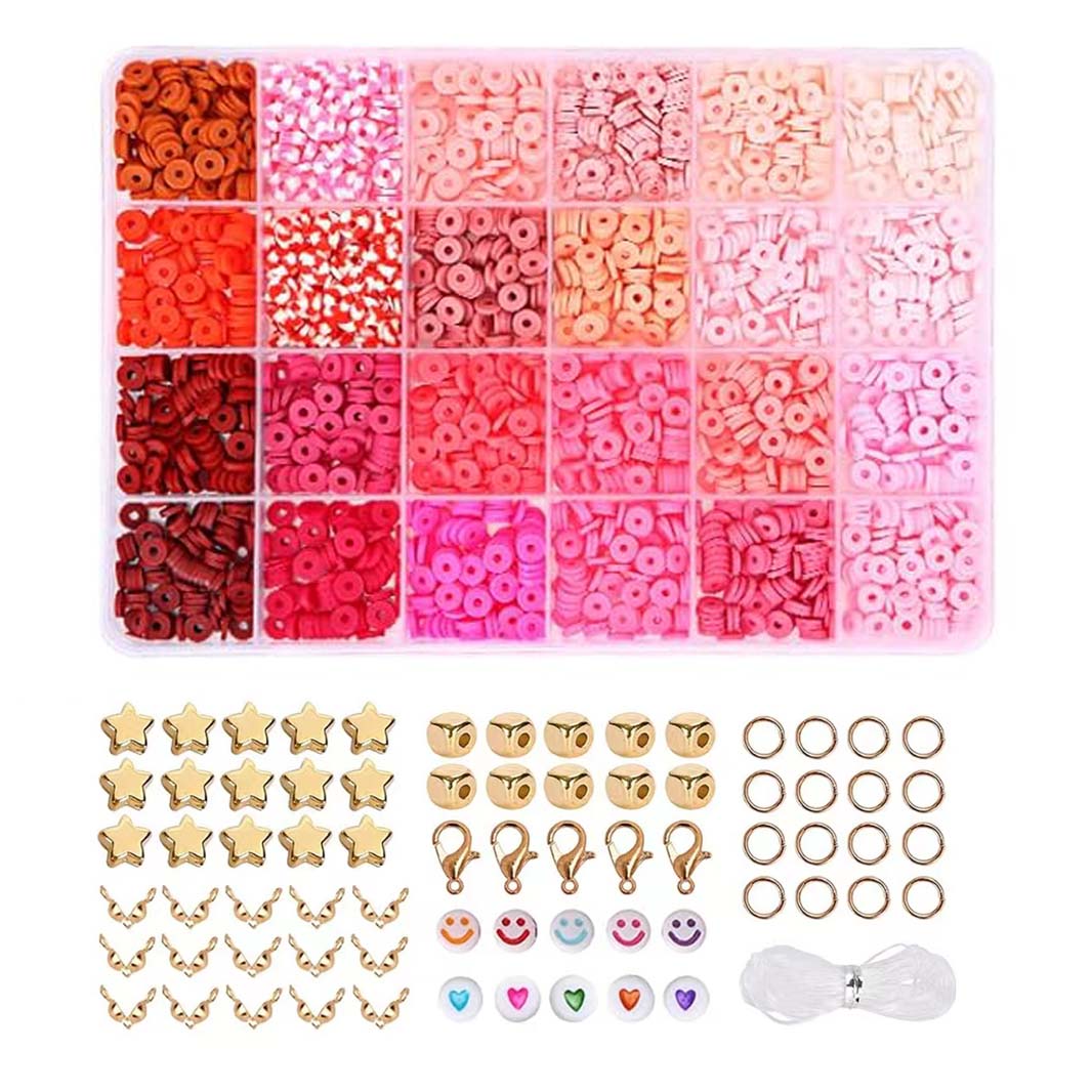 El kit para hacer pulseras de cuentas de arcilla de 2400 piezas incluye cuentas sueltas y hilo para manualidades de joyería DIY para niñas: Rojo