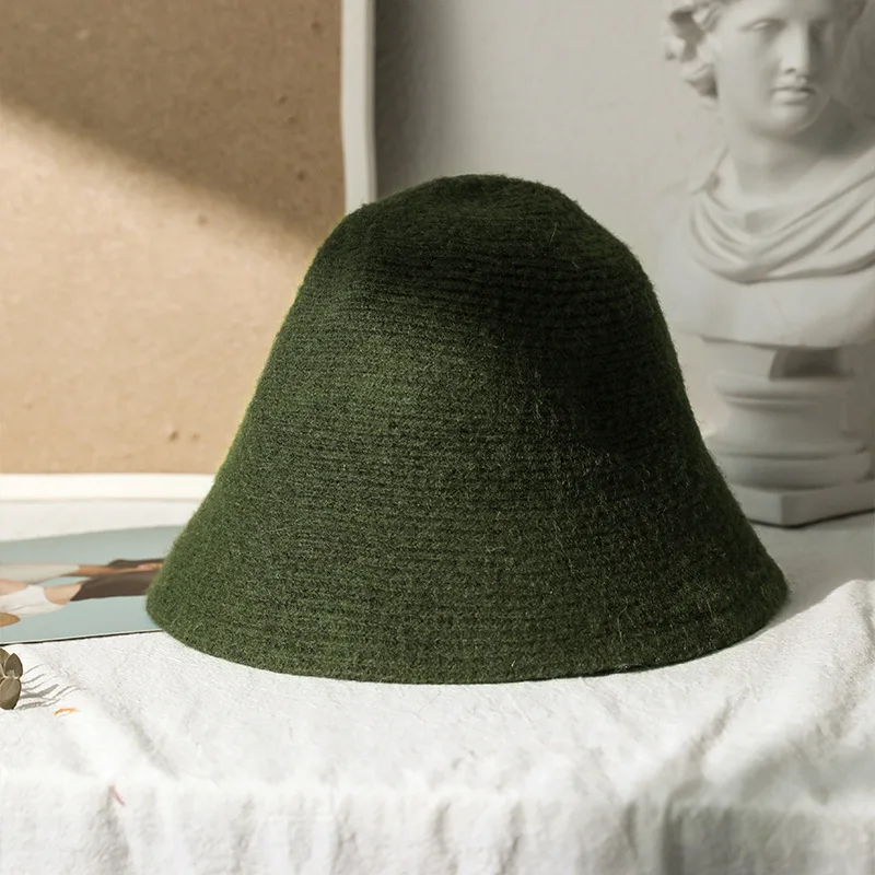 Solid Wool Bucket Hat Women Autumn Winter Fisherman Hat Vintage Knitting Wool Basin Cap: army green