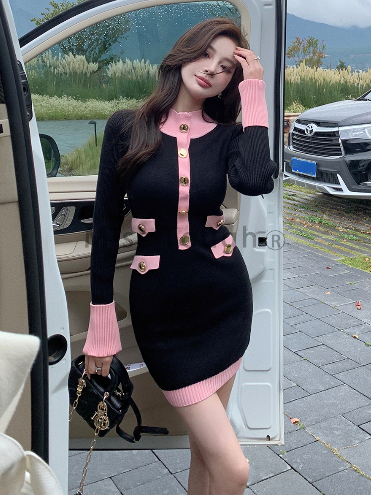 Winter French Vintage Knitted Dress Women Button Patchwork Sweater Dress Female Korean Casual Retro Dress
