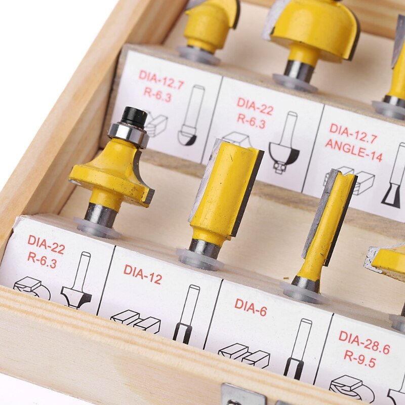12 Pcs 1/4'' Shank Tungsten Carbide Tipped Router Bit Set Tool with Wooden Case