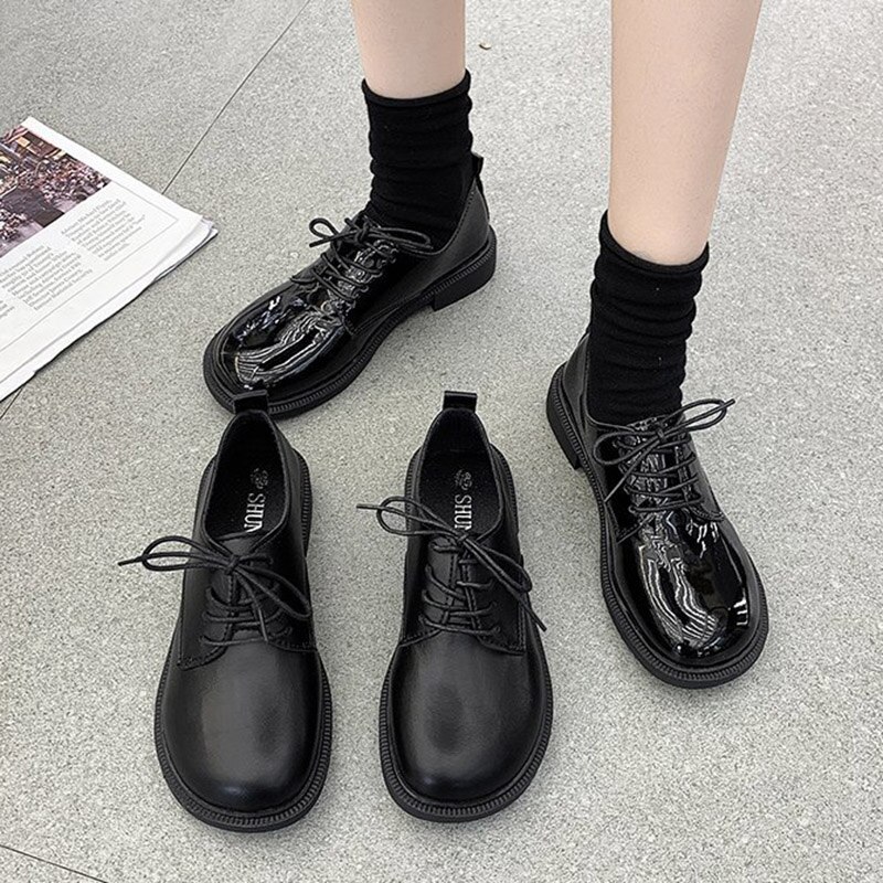 Zapatos Oxford de charol con cordones para mujer, zapatillas informales de punta redonda, planas, de Lolita, para primavera y otoño, 8905N