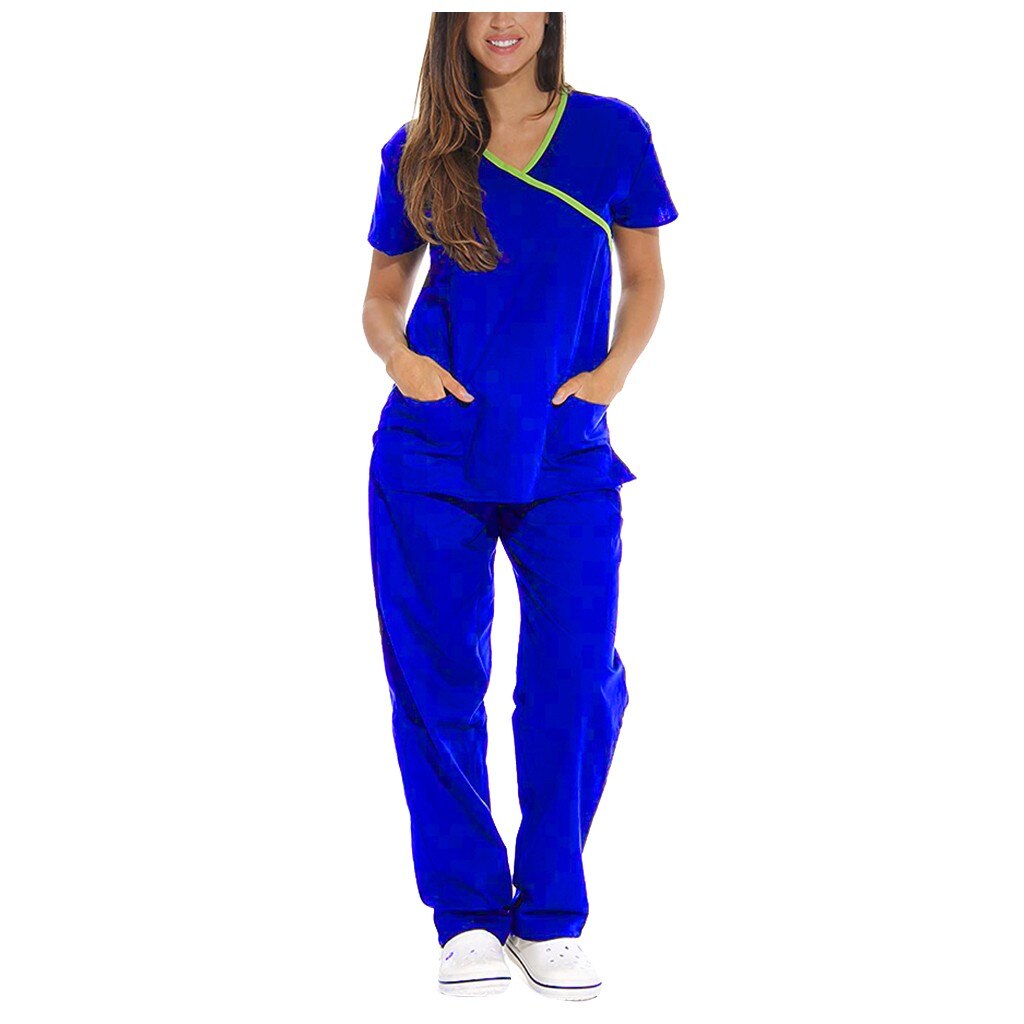 Nurse Uniform Set Women Short Sleeve V-neck Tops+pants Nursing Working Uniform Set Suit Dentista T Shirt Women Scrubs Women: Blue  / M