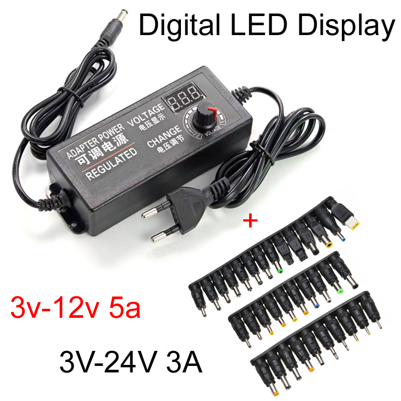 Digitale 3a regelbare spanningsadapter  ac 110v naar  dc 3v-12v-24v 5a led-indicator en jackplug voor hdd-behuizing 220v