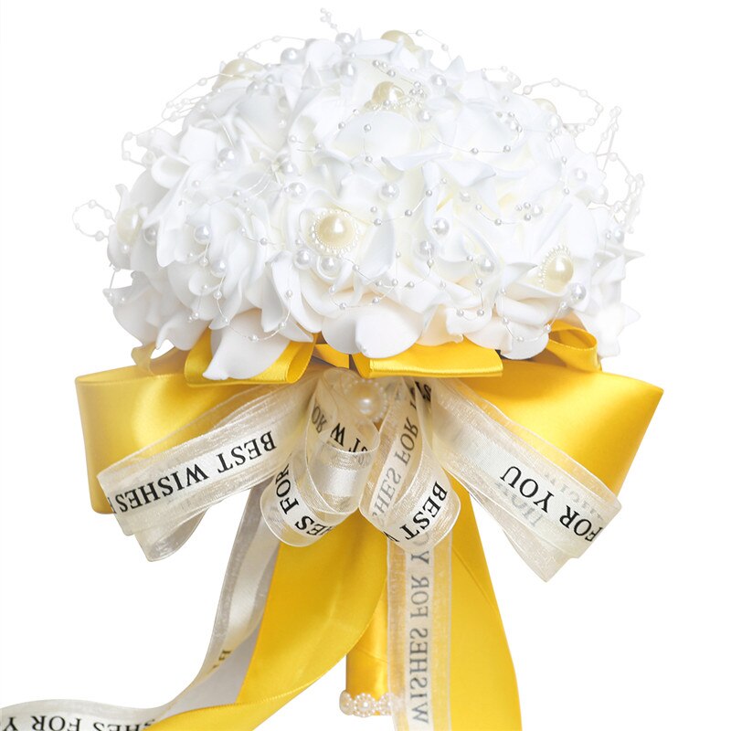 Fleur Rose PE Bouquet demoiselle d'honneur tenant des fleurs mariée ruban De soie Bouquets De Mariage mousse Rose avec perle fête De Mariage W205: white yellow