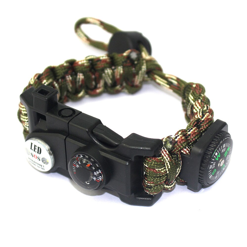 Pulsera de soga de supervivencia LED multifunción para hombre, luz de señal de emergencia multifuncional, silbato deportivo: army white