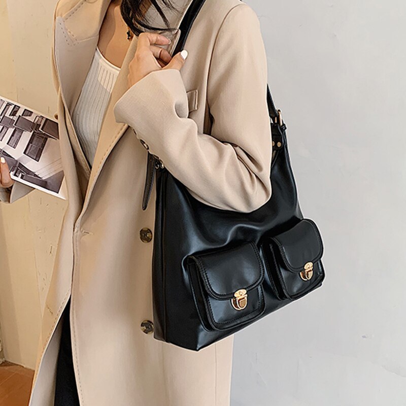 Bolso pequeño Hobo de piel negra para mujer, bandolera de hombro con múltiples bolsillos, Color puro, de de , populares,