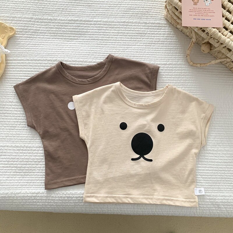 2022 Koreaanse Stijl Zomer Babykleding Meisje Jongen T-shirt 2 Stuks Sets Ronde Kraag Beige Bruin Cartoon Katoenen Top Kind kleding E1800