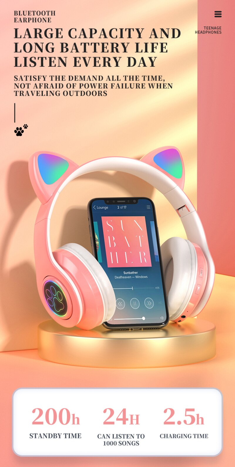 Leuke Kat Oor Vorm Oortelefoon Draadloze Bluetooth 5.0 Hoofdtelefoon Sport Headset Lange Standby Voor Game Mobiele Telefoon Meisje
