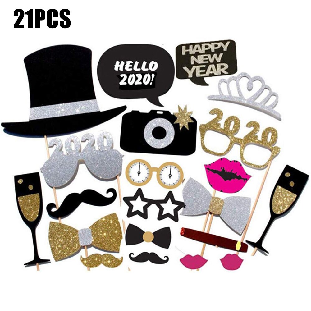 21 stuks Gelukkig Nieuwjaar Decoraties Hoed Brillen Photo Booth Frame Rekwisieten Eve Party Decor Gelukkig Nieuwjaar decoratie