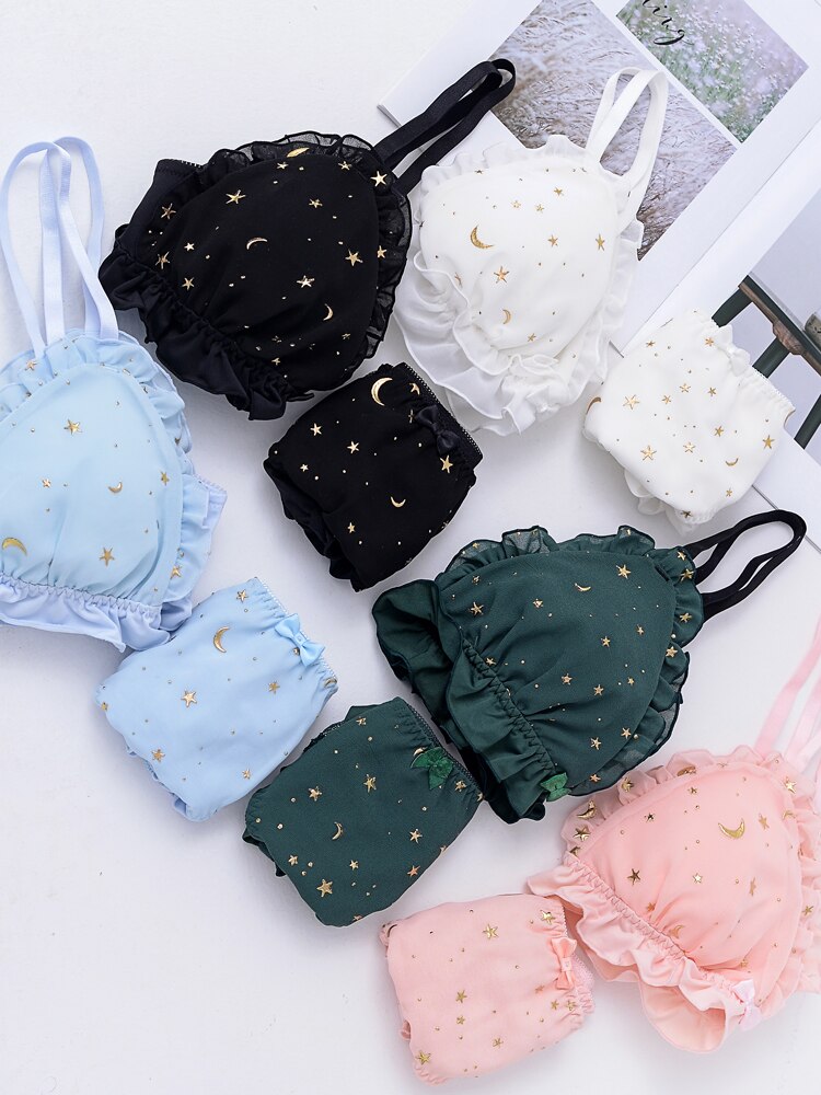 Japanese Womens Sweet Star Print No rims Bra & Briefs Sets Lolita Bowknot Ruffle Underwear Sets Breathable Teen Girls Bra Sets