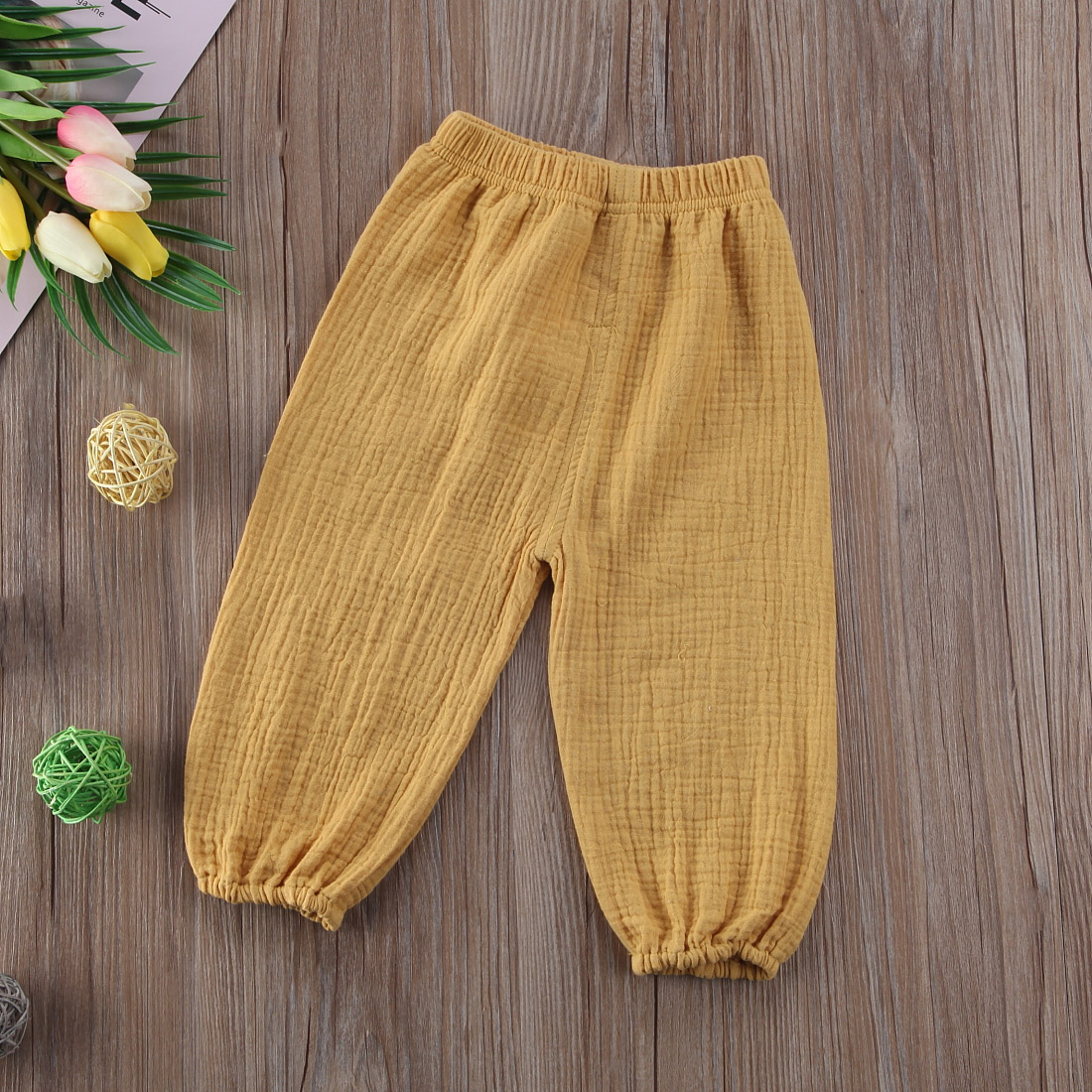 4 Color Solid Cotton Wrinkled Bloomers Toddler Baby Kids Girl Boy Trousers Legging Pants: Yellow / 3T