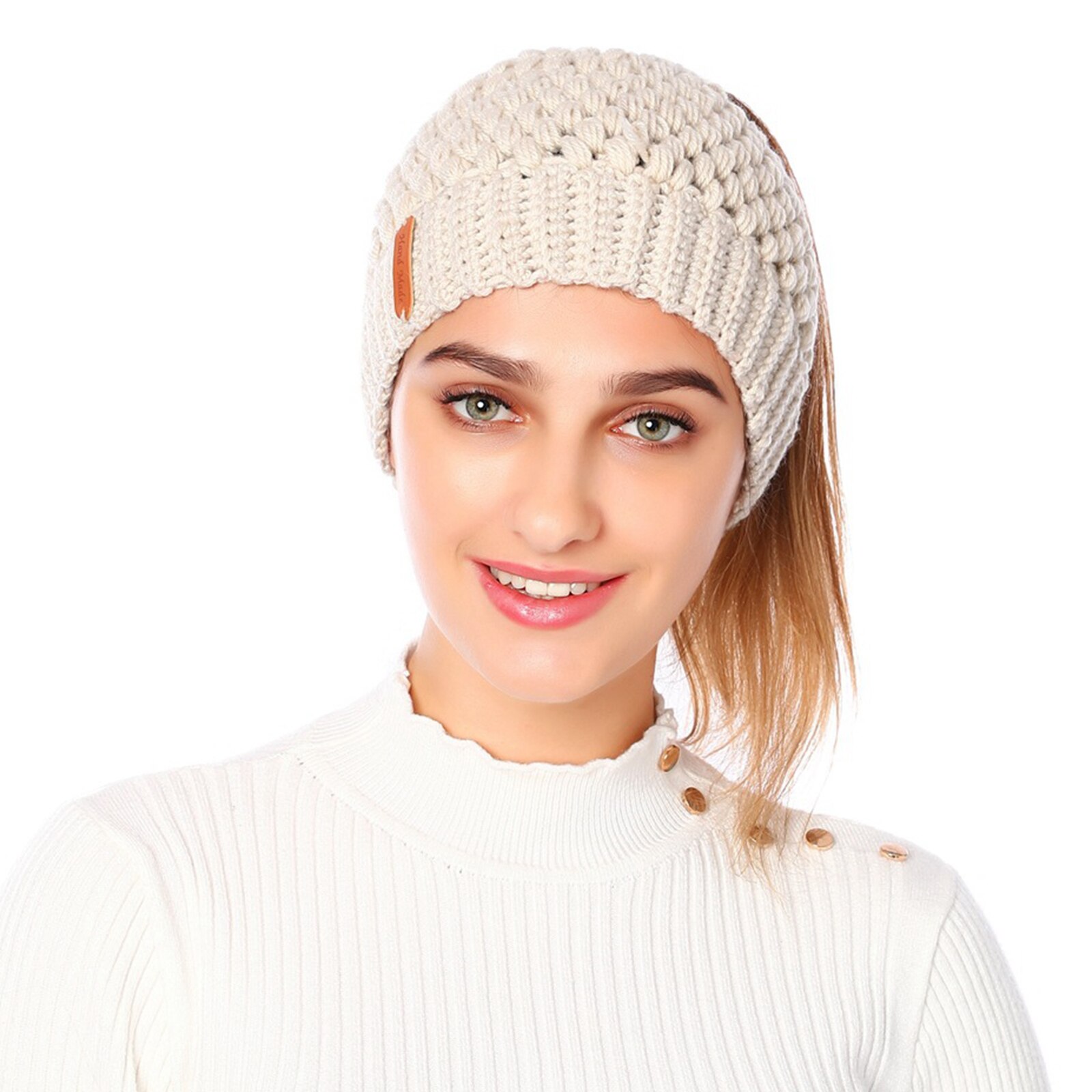 Hiver en plein air Skullies bonnet chapeau tricot salissant haute chignon queue de cheval bonnet