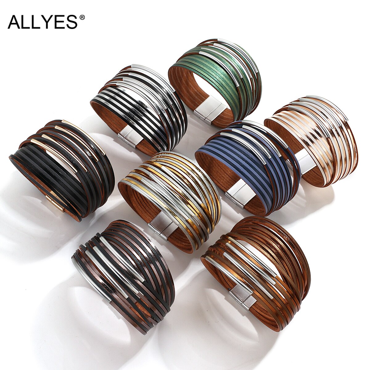 Allyes Eenvoudige Dubbele Kleur Slanke Strip Lederen Armband Voor Vrouwen Mode Metalen Buis Multilayers Wide Wrap Armband Vrouwelijke Sieraden