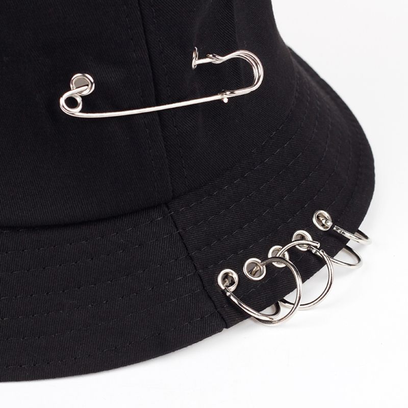 Harajuku Punk algodón personalidad sombrero de cubo Metal Pin o-anillos Color sólido ala ancha protector solar plegable Hip Hop pescador Cap
