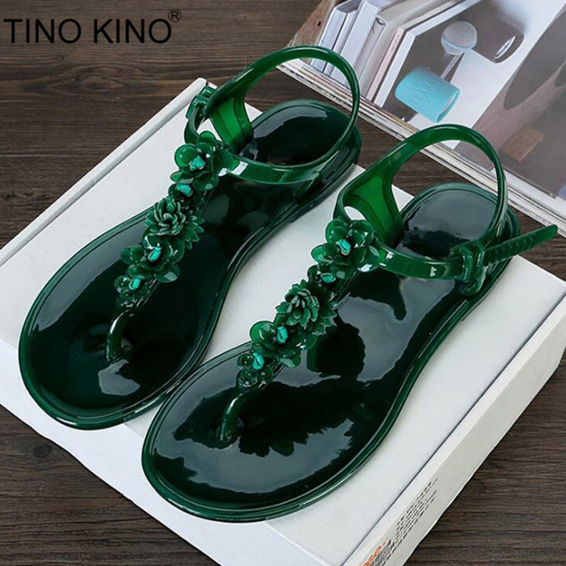 Tino Kino Vrouwen Jelly Schoenen Gesp Zomer Sandalen Vrouwelijke Platte Clip Teen Sandalen Bloem Rubber T Strap Slippers Strand schoenen
