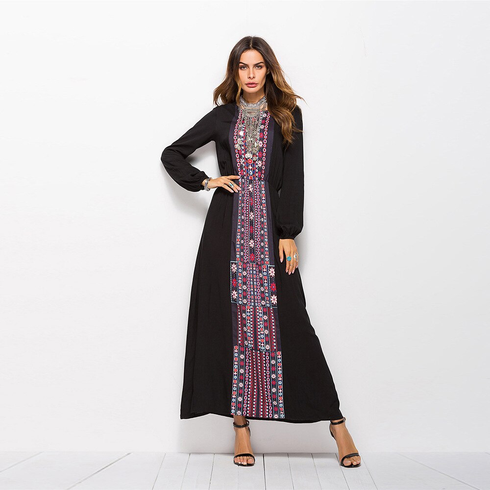 TEXIWAS, vestido de Negro Azul, kimono para mujer, estampado de flores, manga larga, bordado, vestido de línea A, Vestido largo de trabajo Floral