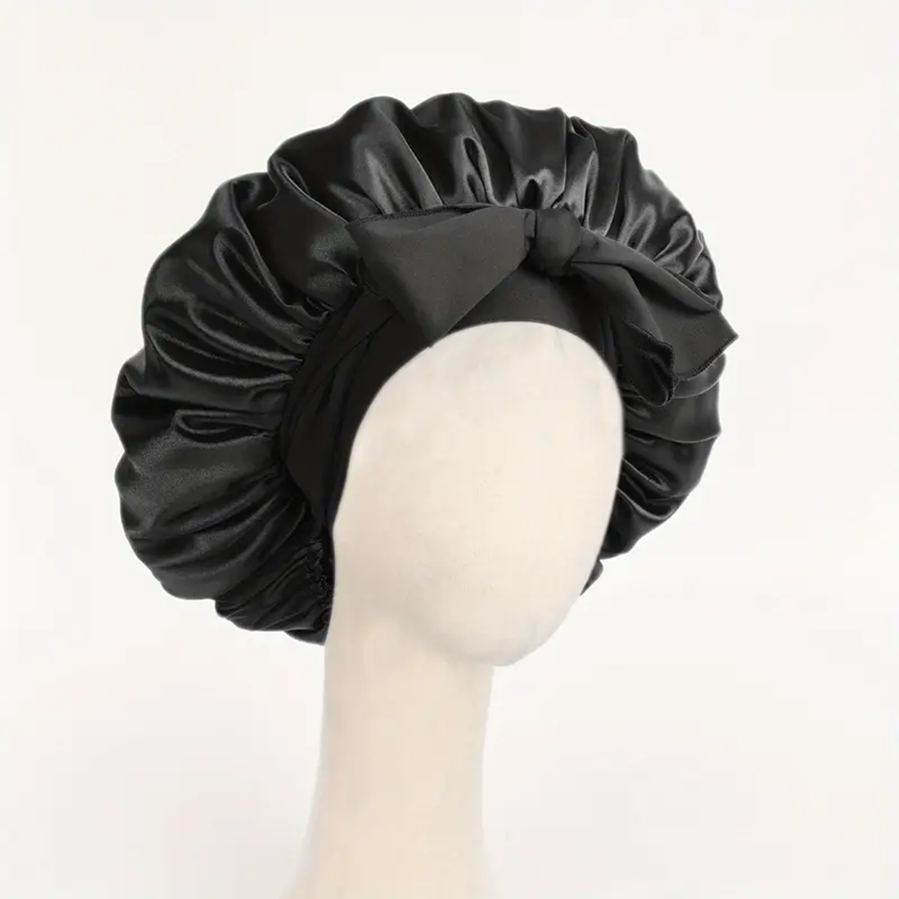 Gorro de satén Gorro de seda Bonne ajustable para dormir Gorro para el pelo con banda para atar Gorros para mujeres y hombres: Negro