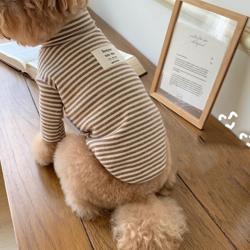 Coffee Strips Pet Dog Clothes for Chihuahua High Collar Autumn Warm Cat Sweatshirt Overalls Soft Velvet Cat Puppy Bottom T Shirt