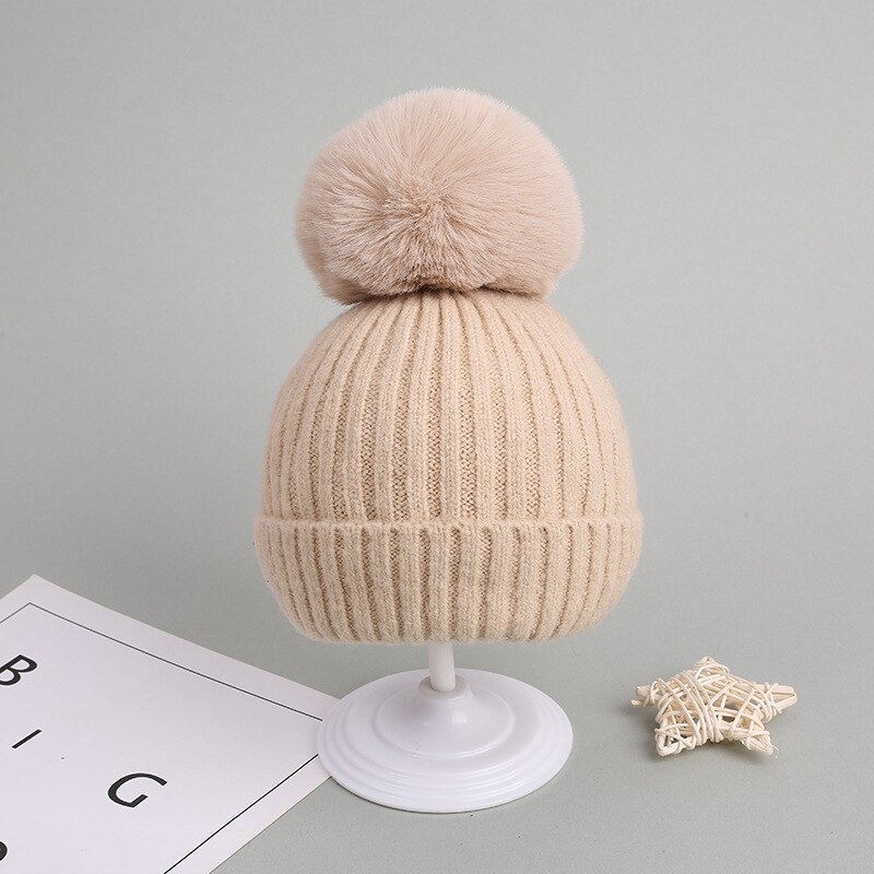 Bonnet tricoté épais et pour enfant, chapeau à pompon, couleur unie, accessoires pour fille et garçon, automne et hiver: Beige