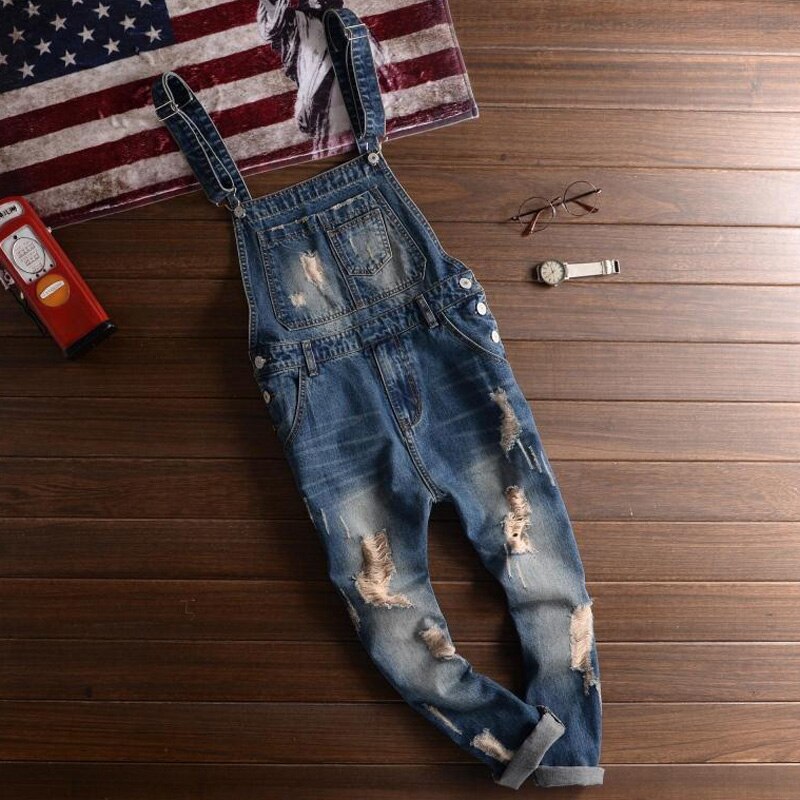 Sokotoo Men's plus size casual ankle length slim denim bib overalls hole ripped crop jeans Jumpsuits