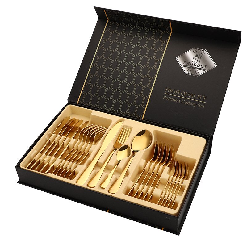 24pcs Gold Tableware Set Stainless Steel Knife Fork Spoon Dinnerware Box Cutlery Set Kitchen Flatware Tools Housewarming: 1010-gold